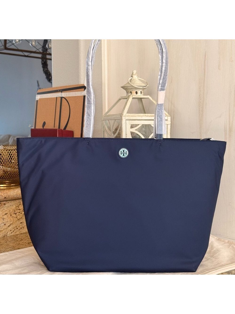 Tory Burch Navy Nylon Tote with Logo Medallion